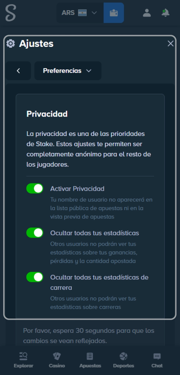 Ajusta las preferencias personales en el sitio oficial Stake Argentina.
