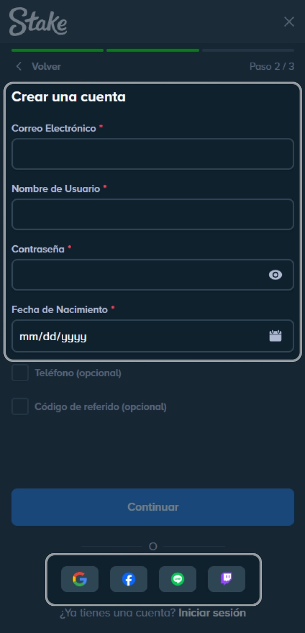 Crea tu perfil de usuario en el sitio oficial Stake.